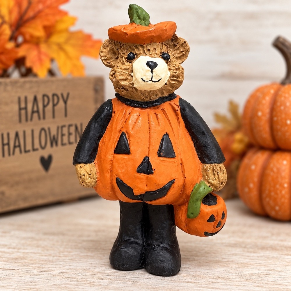 Miniature Halloween Bear Figurine in Pumpkin Costume Resin Decor 3 inch